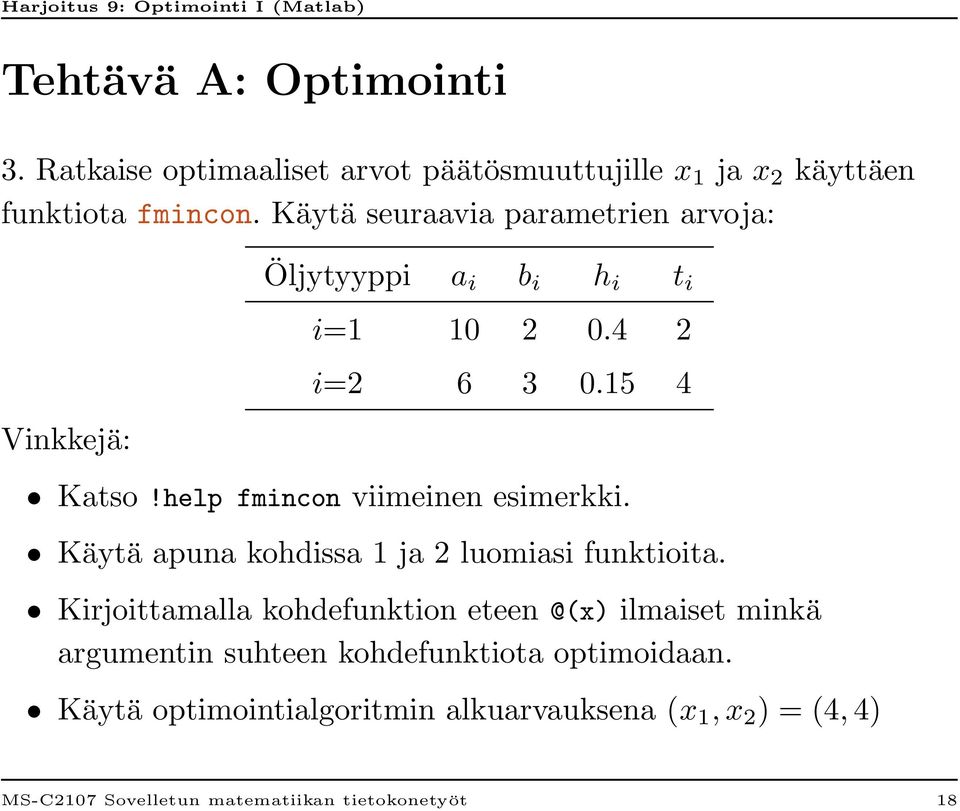 help fmincon viimeinen esimerkki. Käytä apuna kohdissa 1 ja 2 luomiasi funktioita.