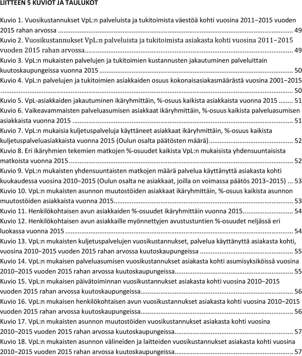 VpL:n mukaisten palvelujen ja tukitoimien kustannusten jakautuminen palveluittain kuutoskaupungeissa vuonna 2015... 50 Kuvio 4.