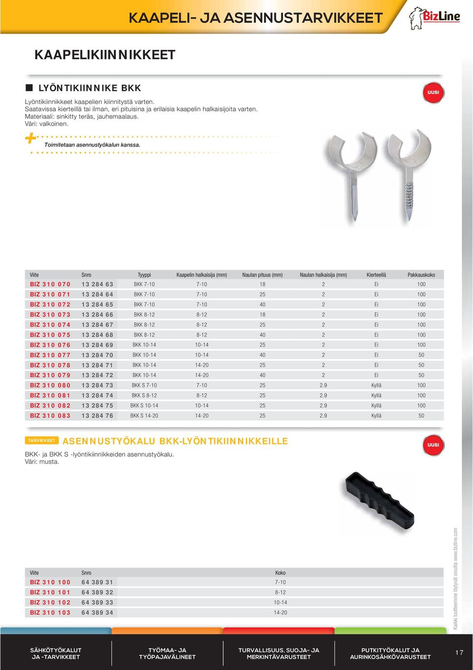 Tyyppi Kaapelin halkaisija (mm) Naulan pituus (mm) Naulan halkaisija (mm) Kierteellä Pakkauskoko BIZ 310 070 13 284 63 BKK 7-10 7-10 18 2 Ei 100 BIZ 310 071 13 284 64 BKK 7-10 7-10 25 2 Ei 100 BIZ