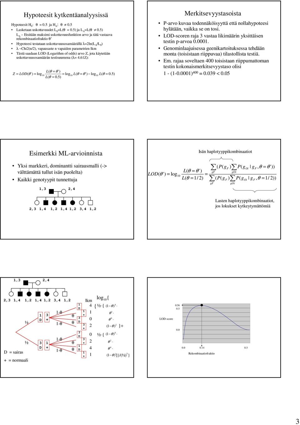 Tästä saadaan LO (Loarithm of odds) arvo Z, jota käytetään uskottavuusosamäärän testisuureena (λ=.6z): θ = θ ') Z = LO( θ') = lo = lo θ = θ ') lo θ =.5) θ =.