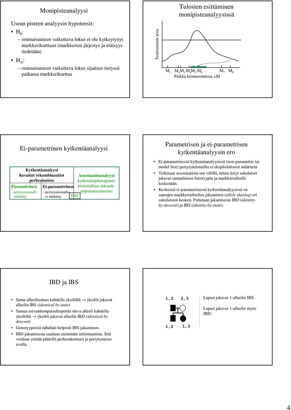 kytkentäanalyysi Kytkentäanalyysi havaitut rekombinaatiot perheaineisto Parametrinen - periytymismalli määrätty Ei-parametrinen - periytymismallia ei määrätty TT Assosiaatioanalyysi