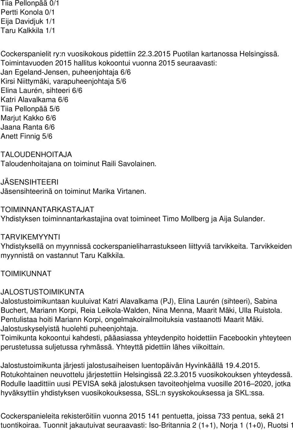 Pellonpää 5/6 Marjut Kakko 6/6 Jaana Ranta 6/6 Anett Finnig 5/6 TALOUDENHOITAJA Taloudenhoitajana on toiminut Raili Savolainen. JÄSENSIHTEERI Jäsensihteerinä on toiminut Marika Virtanen.