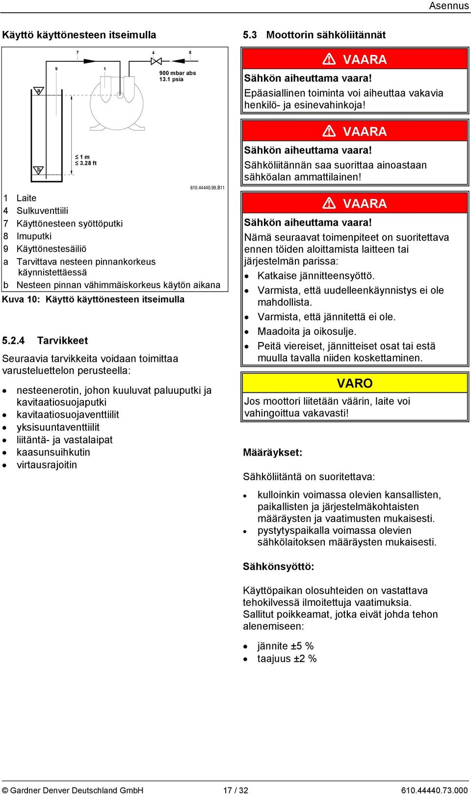 B11 1 Laite 4 Sulkuventtiili 7 Käyttönesteen syöttöputki 8 Imuputki 9 Käyttönestesäiliö a Tarvittava nesteen pinnankorkeus käynnistettäessä b Nesteen pinnan vähimmäiskorkeus käytön aikana Kuva 10: