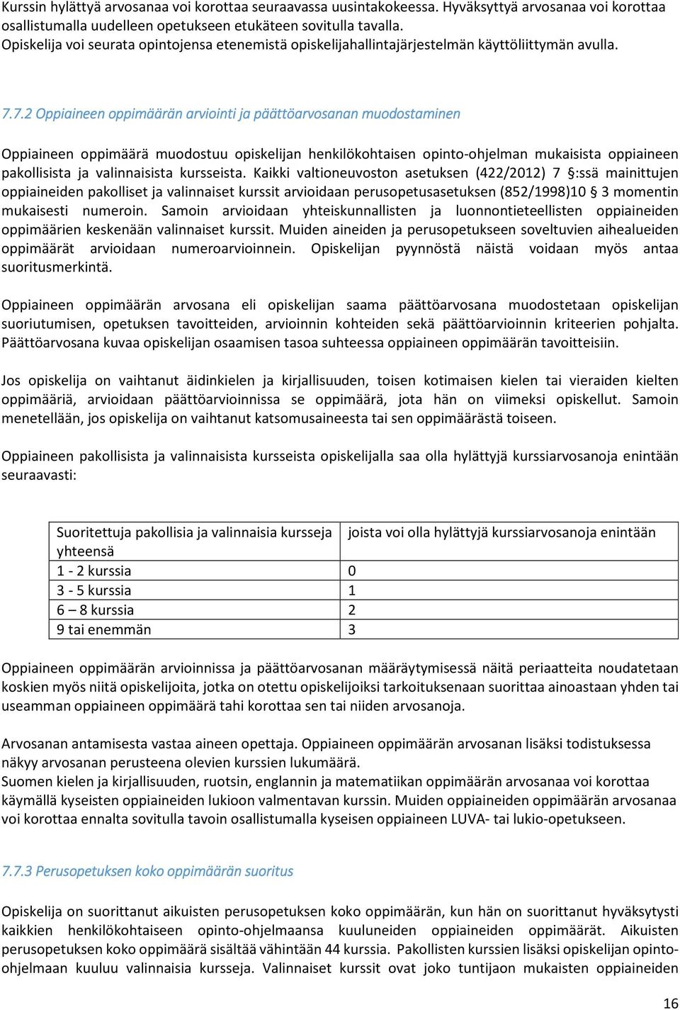 7.2 Oppiaineen oppimäärän arviointi ja päättöarvosanan muodostaminen Oppiaineen oppimäärä muodostuu opiskelijan henkilökohtaisen opinto-ohjelman mukaisista oppiaineen pakollisista ja valinnaisista