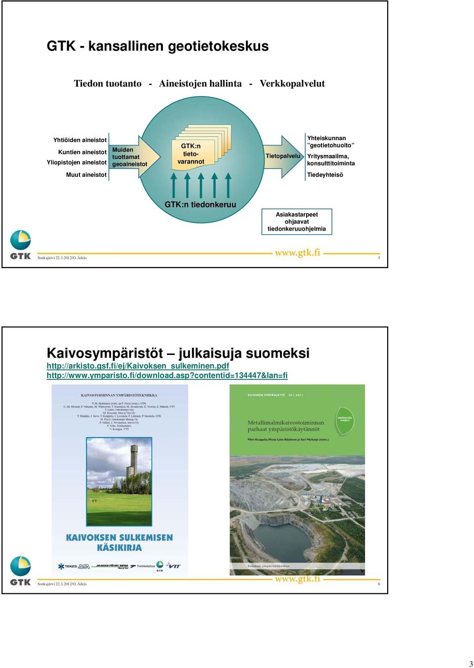 konsulttitoiminta Muut aineistot Tiedeyhteisö GTK:n tiedonkeruu Asiakastarpeet ohjaavat tiedonkeruuohjelmia 5 Kaivosympäristöt