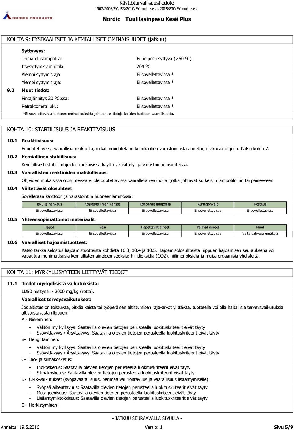 ominaisuuksista johtuen, ei tietoja koskien tuotteen vaarallisuutta. KOHTA 10: STABIILISUUS JA REAKTIIVISUUS 10.1 10.2 10.3 10.