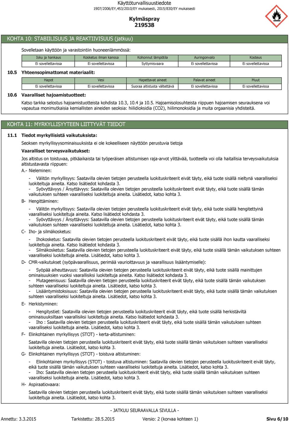 3, 10.4 ja 10.5. Hajoamisolosuhteista riippuen hajoamisen seurauksena voi vapautua monimutkaisia kemiallisten aineiden seoksia: hiilidioksidia (CO2), hiilimonoksidia ja muita orgaanisia yhdisteitä.