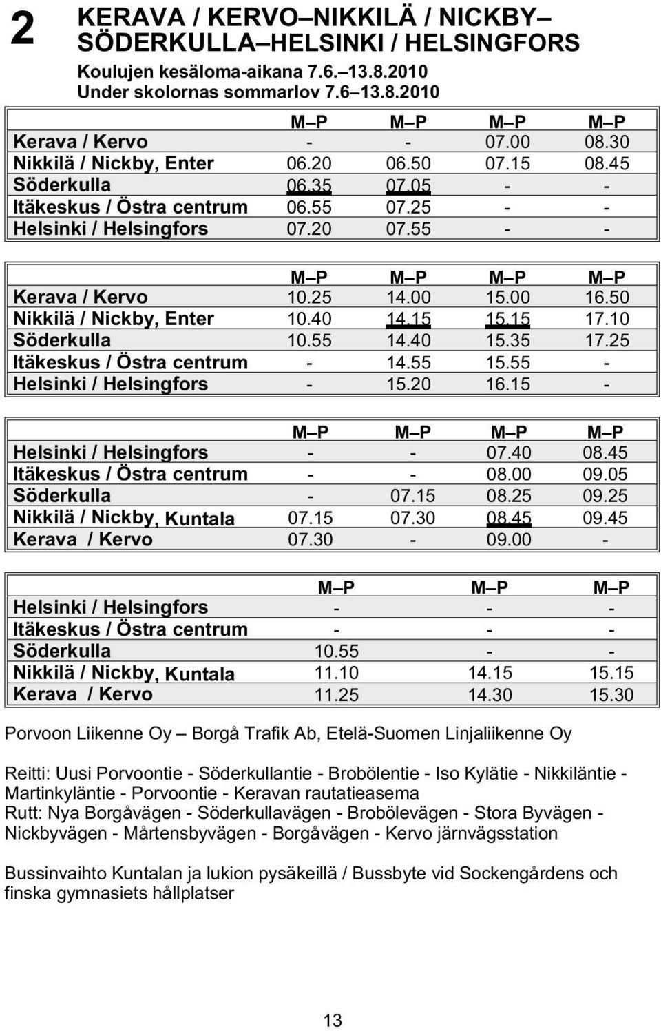 00 15.00 16.50 Nikkilä / Nickby, Enter 10.40 14.15 15.15 17.10 Söderkulla 10.55 14.40 15.35 17.25 Itäkeskus / Östra centrum - 14.55 15.55 - Helsinki / Helsingfors - 15.20 16.