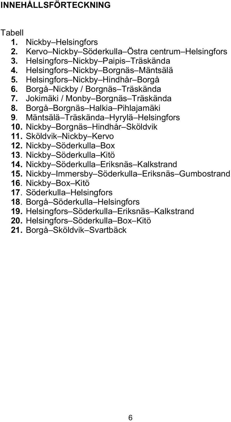 Nickby Borgnäs Hindhår Sköldvik 11. Sköldvik Nickby Kervo 12. Nickby Söderkulla Box 13. Nickby Söderkulla Kitö 14. Nickby Söderkulla Eriksnäs Kalkstrand 15.