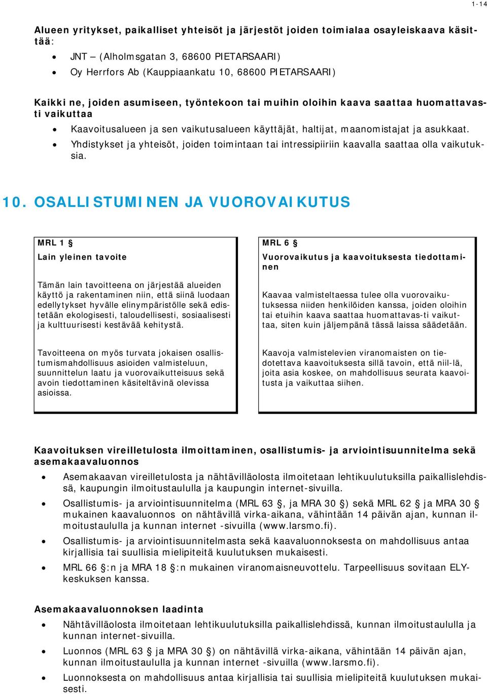 Yhdistykset ja yhteisöt, joiden toimintaan tai intressipiiriin kaavalla saattaa olla vaikutuksia. 10.