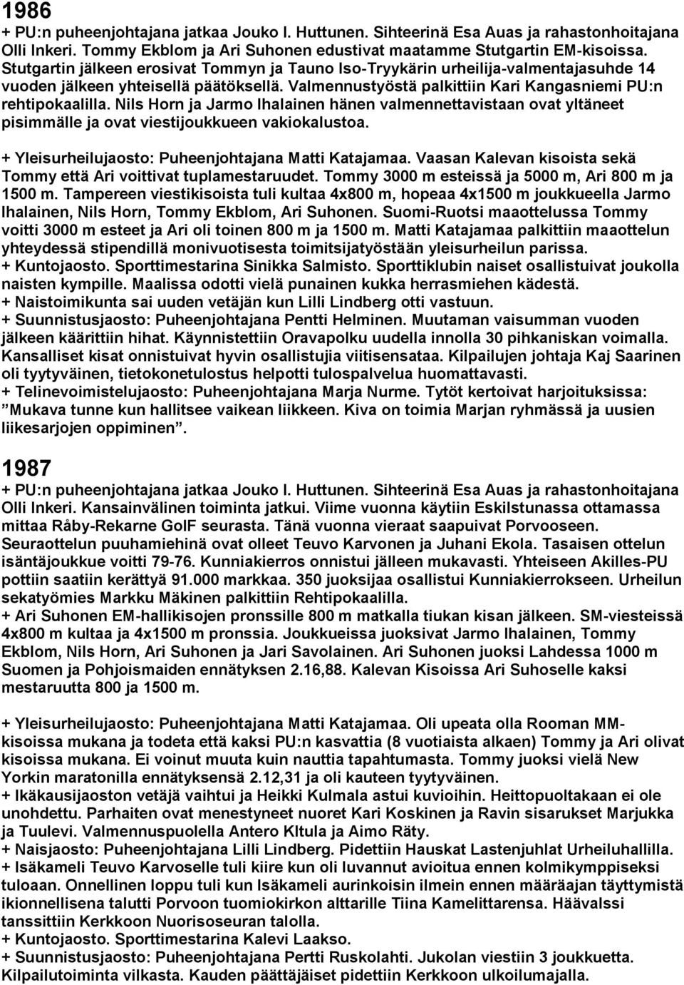 Nils Horn ja Jarmo Ihalainen hänen valmennettavistaan ovat yltäneet pisimmälle ja ovat viestijoukkueen vakiokalustoa. + Yleisurheilujaosto: Puheenjohtajana Matti Katajamaa.