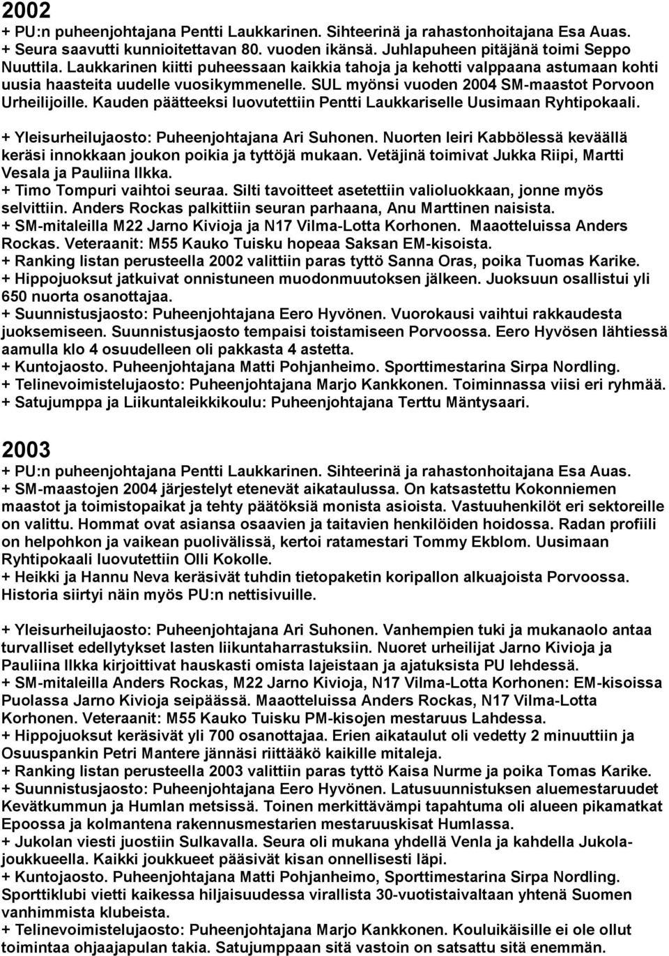 Kauden päätteeksi luovutettiin Pentti Laukkariselle Uusimaan Ryhtipokaali. + Yleisurheilujaosto: Puheenjohtajana Ari Suhonen.