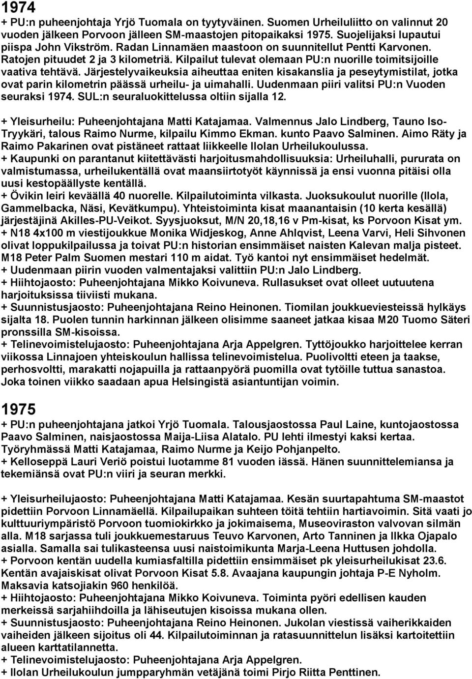 Järjestelyvaikeuksia aiheuttaa eniten kisakanslia ja peseytymistilat, jotka ovat parin kilometrin päässä urheilu- ja uimahalli. Uudenmaan piiri valitsi PU:n Vuoden seuraksi 1974.