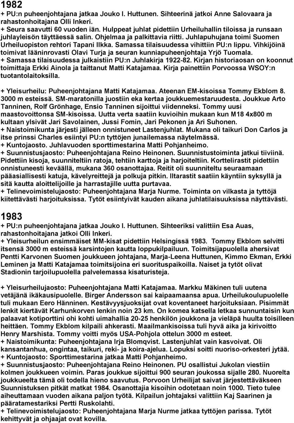 Samassa tilaisuudessa vihittiin PU:n lippu. Vihkijöinä toimivat lääninrovasti Olavi Turja ja seuran kunniapuheenjohtaja Yrjö Tuomala. + Samassa tilaisuudessa julkaistiin PU:n Juhlakirja 1922-82.