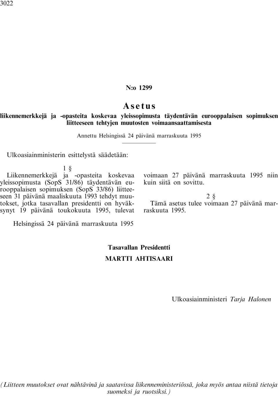 31 päivänä maaliskuuta 1993 tehdyt muutokset, jotka tasavallan presidentti on hyväksynyt 19 päivänä toukokuuta 1995, tulevat voimaan 27 päivänä marraskuuta 1995 niin kuin