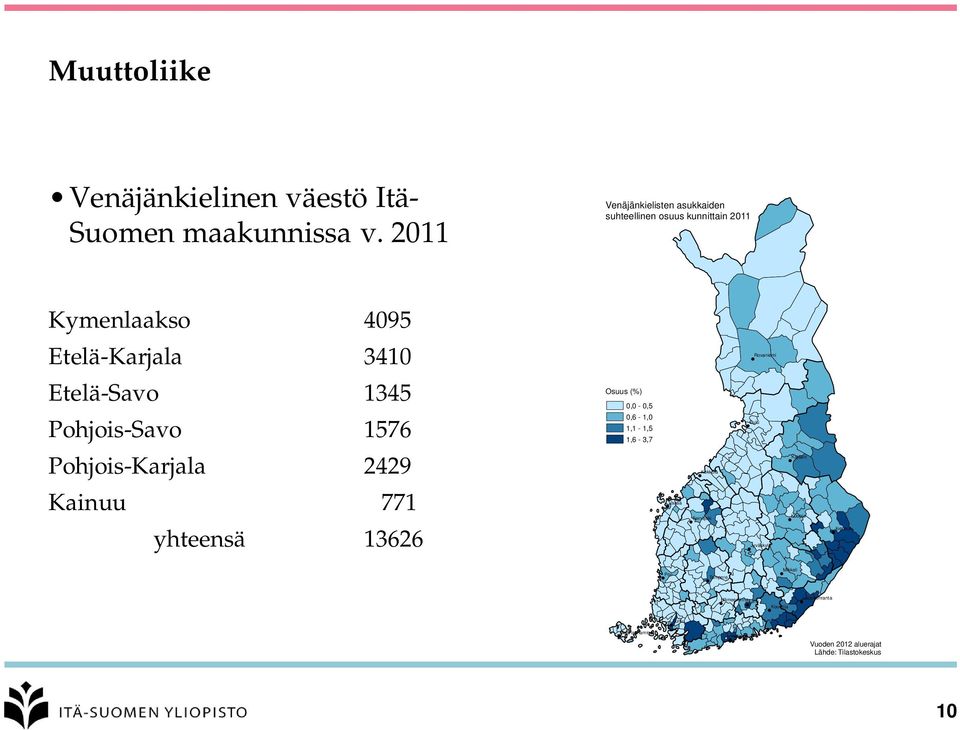 Etelä-Savo 1345 Pohjois-Savo 1576 Osuus (%) 0,0-0,5 0,6-1,0 1,1-1,5 1,6-3,7 Oulu Pohjois-Karjala 2429 Kokkola Kajaani