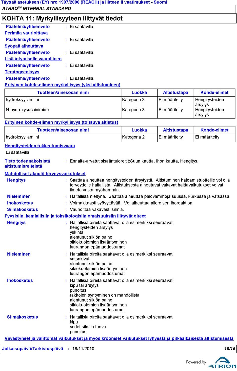 Hengitysteiden ärsytys Nhydroxysuccinimide Kategoria 3 Ei määritelty Hengitysteiden ärsytys Altistustapa Kohdeelimet hydroksyyliamiini Kategoria 2 Ei määritelty Ei määritelty Tieto todennäköisistä