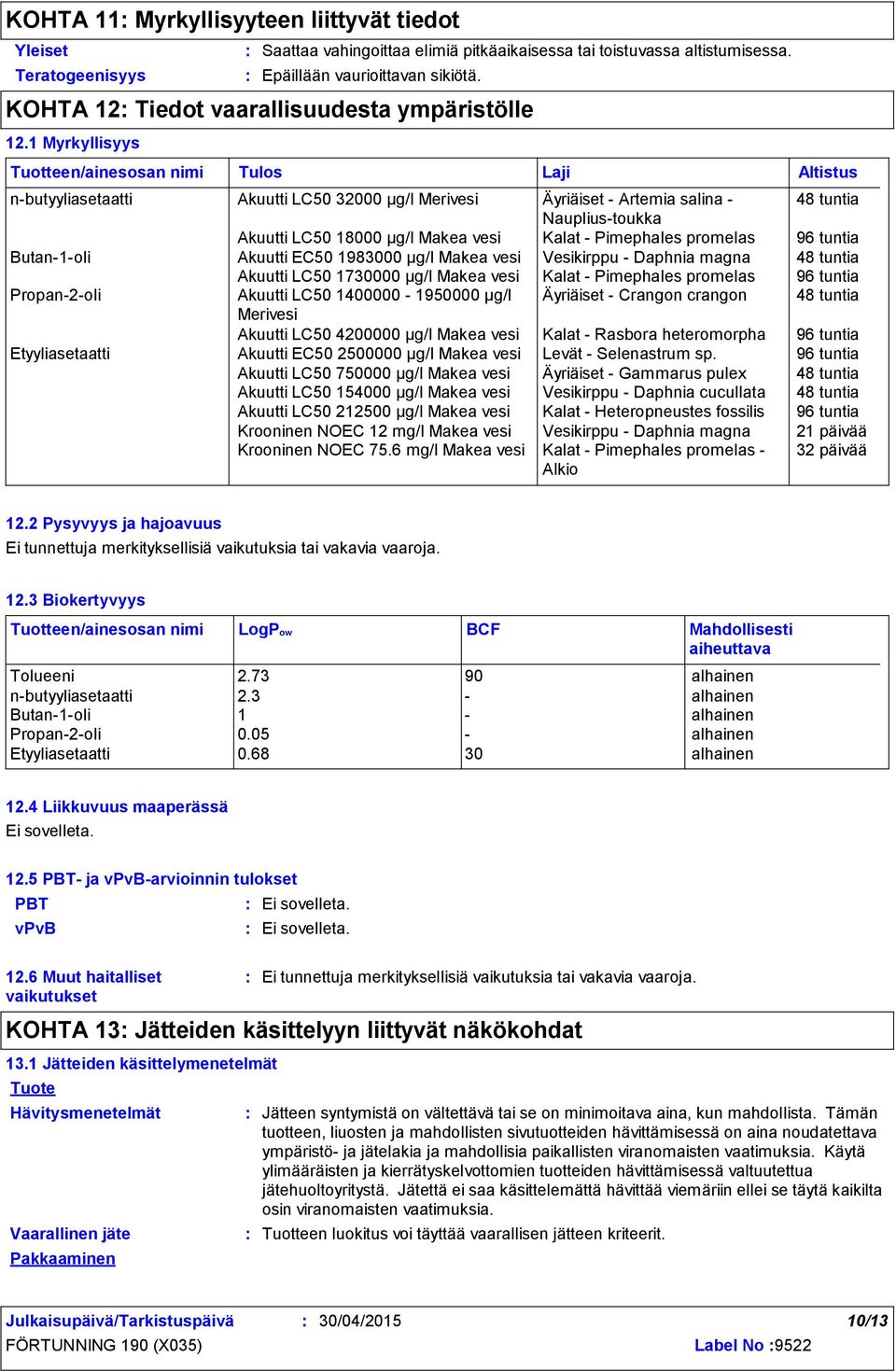 - Pimephales promelas 96 tuntia Butan-1-oli Akuutti EC50 1983000 µg/l Makea vesi Vesikirppu - Daphnia magna 48 tuntia Akuutti LC50 1730000 µg/l Makea vesi Kalat - Pimephales promelas 96 tuntia