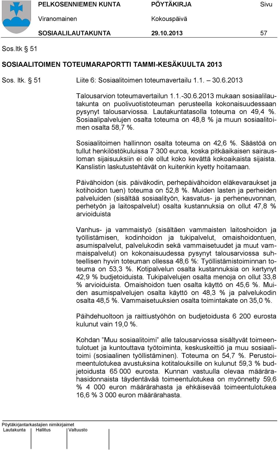 Sosiaalipalvelujen osalta toteuma on 48,8 % ja muun sosiaalitoimen osalta 58,7 %. Sosiaalitoimen hallinnon osalta toteuma on 42,6 %.