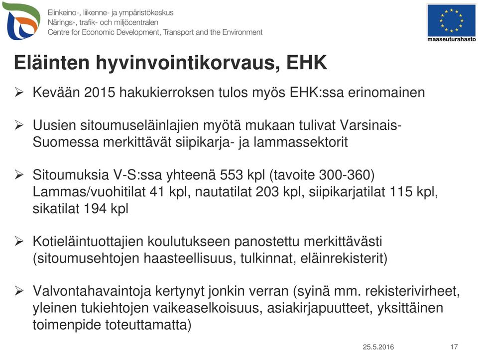 115 kpl, sikatilat 194 kpl Kotieläintuottajien koulutukseen panostettu merkittävästi (sitoumusehtojen haasteellisuus, tulkinnat, eläinrekisterit)