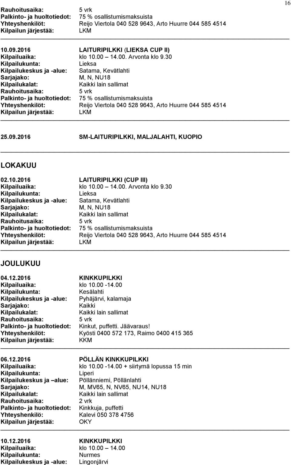 2016 SM-LAITURIPILKKI, MALJALAHTI, KUOPIO LOKAKUU 02.10.2016 LAITURIPILKKI (CUP III) klo 10.00 14.00. Arvonta klo 9.