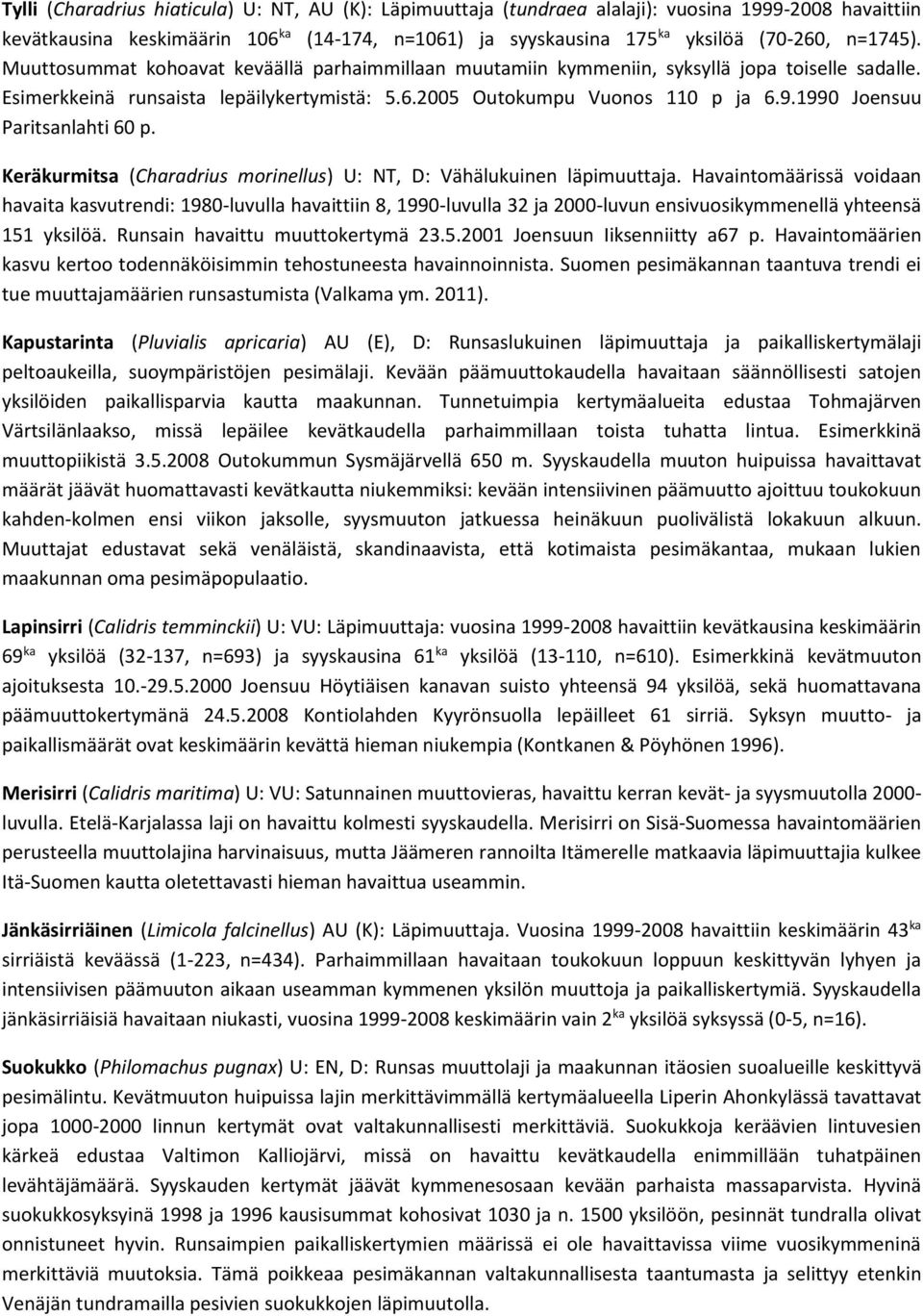 1990 Joensuu Paritsanlahti 60 p. Keräkurmitsa (Charadrius morinellus) U: NT, D: Vähälukuinen läpimuuttaja.