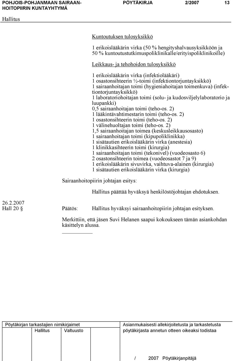 laboratoriohoitajan toimi (solu- ja kudosviljelylaboratorio ja luupankki) 0,5 sairaanhoitajan toimi (teho-os. 2) 1 lääkintävahtimestarin toimi (teho-os. 2) 1 osastonsihteerin toimi (teho-os.