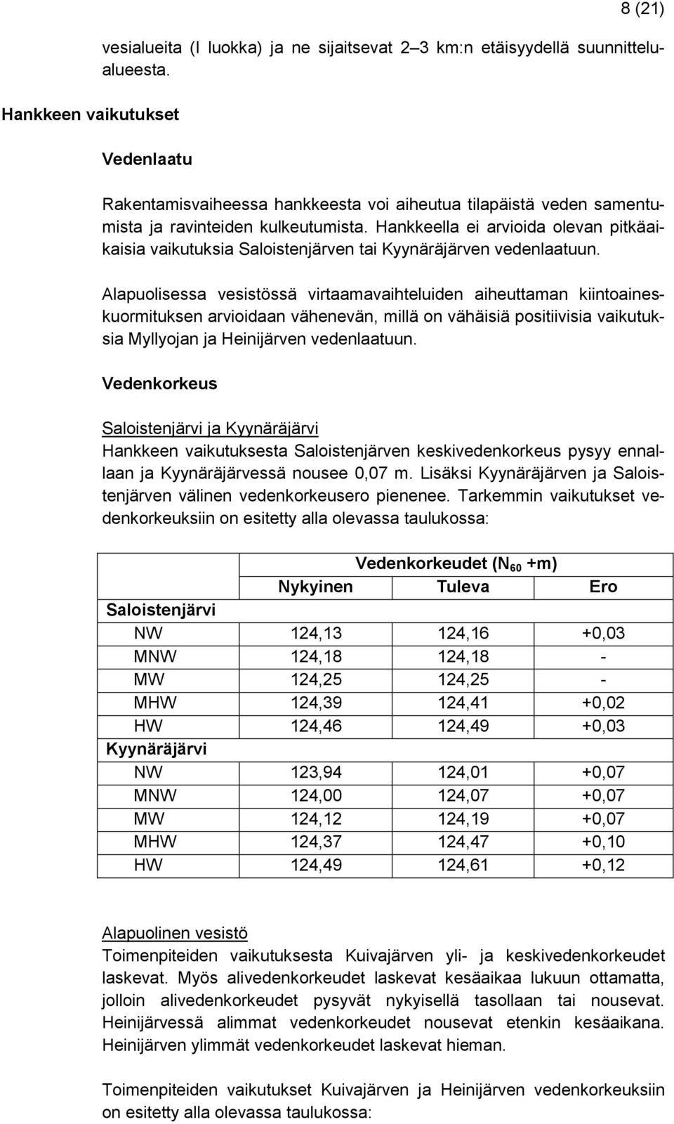 Hankkeella ei arvioida olevan pitkäaikaisia vaikutuksia Saloistenjärven tai Kyynäräjärven vedenlaatuun.