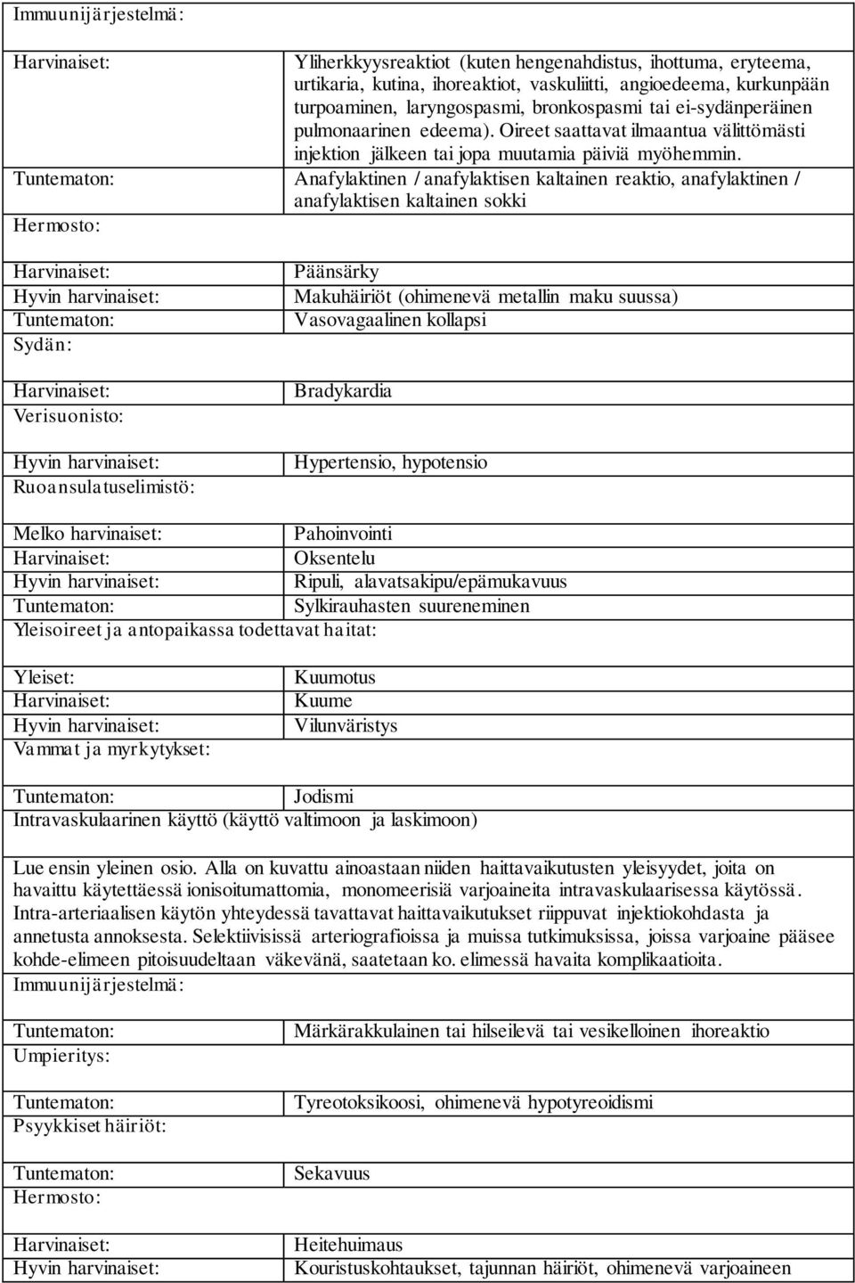 Anafylaktinen / anafylaktisen kaltainen reaktio, anafylaktinen / anafylaktisen kaltainen sokki Hermosto: Sydän: Verisuonisto: Ruoansulatuselimistö: Päänsärky Makuhäiriöt (ohimenevä metallin maku