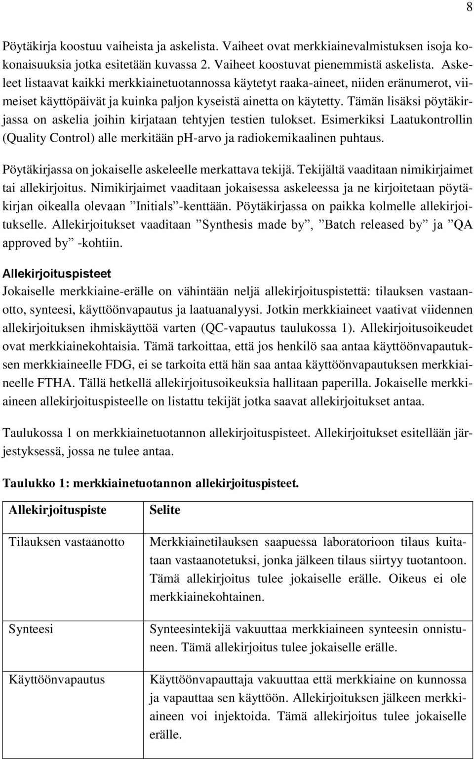 Tämän lisäksi pöytäkirjassa on askelia joihin kirjataan tehtyjen testien tulokset. Esimerkiksi Laatukontrollin (Quality Control) alle merkitään ph-arvo ja radiokemikaalinen puhtaus.