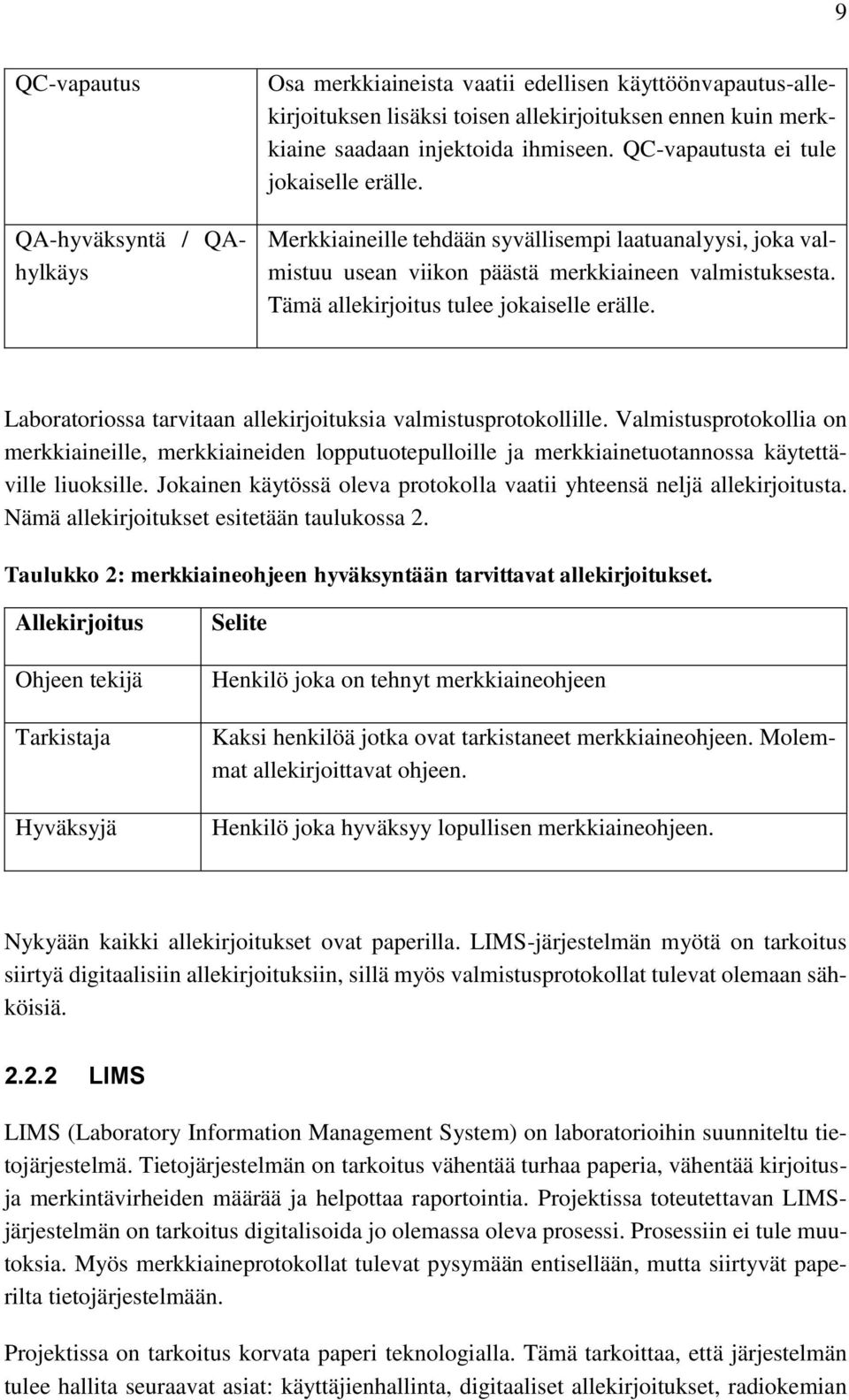 Laboratoriossa tarvitaan allekirjoituksia valmistusprotokollille. Valmistusprotokollia on merkkiaineille, merkkiaineiden lopputuotepulloille ja merkkiainetuotannossa käytettäville liuoksille.
