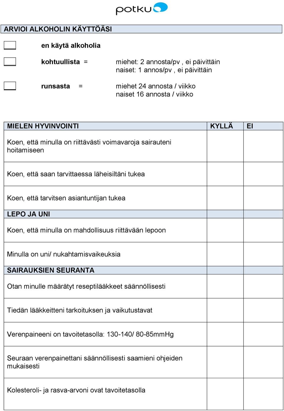 LEPO JA UNI Koen, että minulla on mahdollisuus riittävään lepoon Minulla on uni/ nukahtamisvaikeuksia SAIRAUKSIEN SEURANTA Otan minulle määrätyt reseptilääkkeet säännöllisesti Tiedän