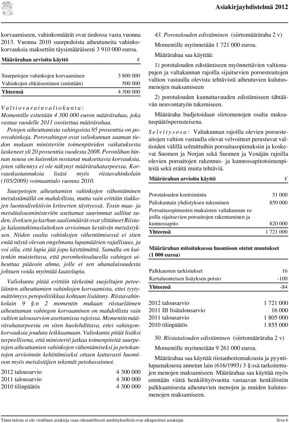 esitetään 4 300 000 euron määrärahaa, joka vastaa vuodelle 2011 osoitettua määrärahaa. Petojen aiheuttamista vahingoista 95 prosenttia on porovahinkoja.