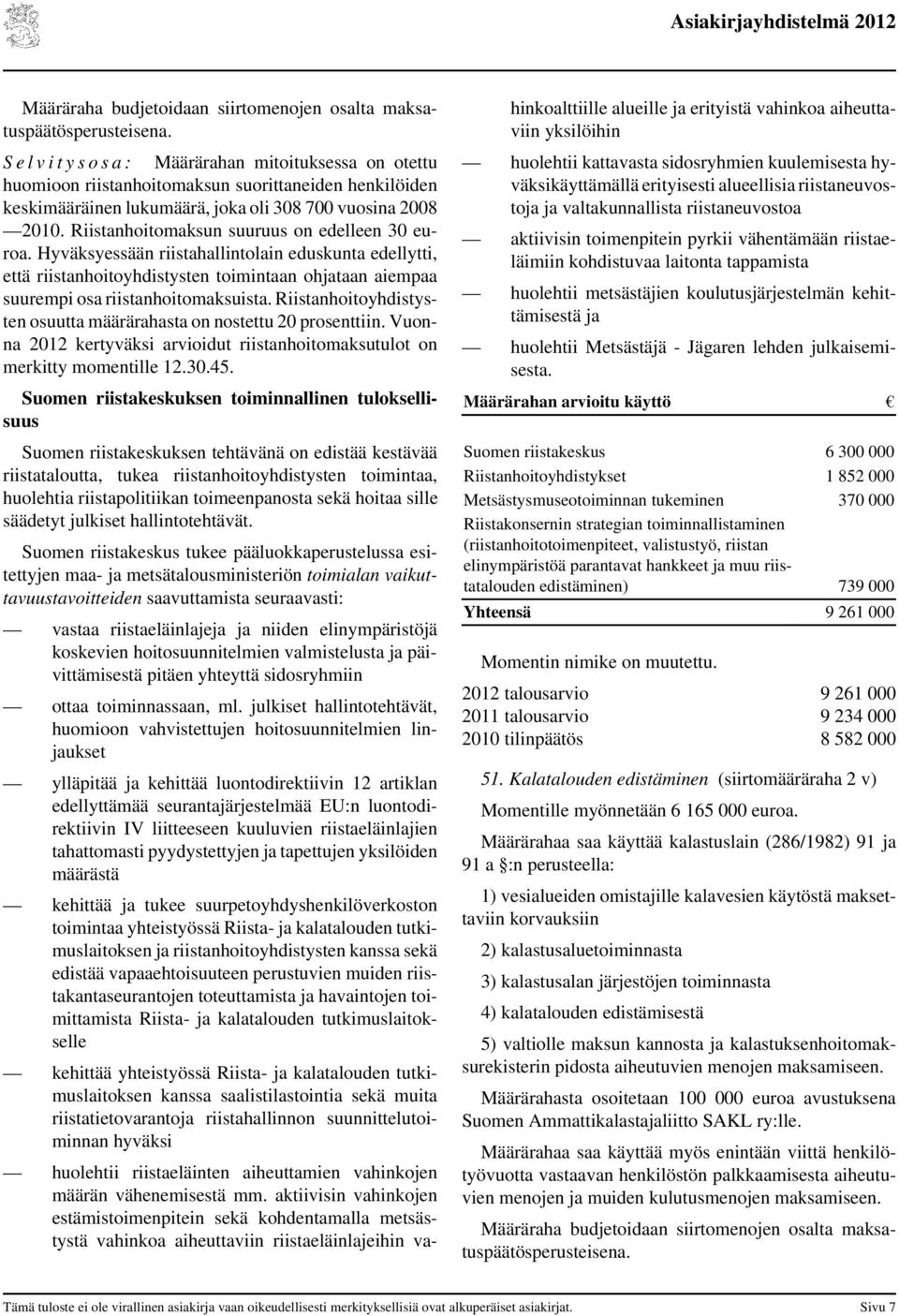 Riistanhoitoyhdistysten osuutta määrärahasta on nostettu 20 prosenttiin. Vuonna 2012 kertyväksi arvioidut riistanhoitomaksutulot on merkitty momentille 12.30.45.