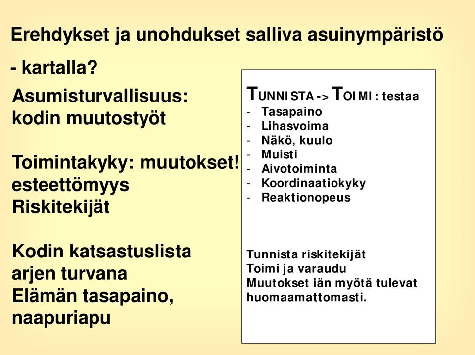 esteettömyys Riskitekijät TUNNISTA ->TOIMI: testaa - Tasapaino - Lihasvoima - Näkö, kuulo - Muisti -