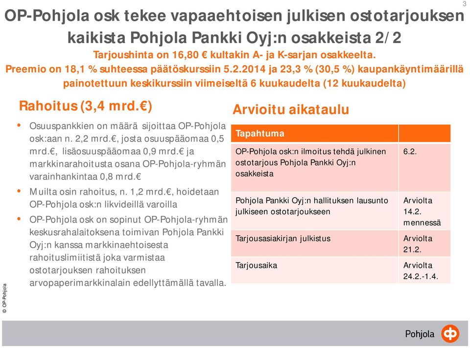 ) Osuuspankkien on määrä sijoittaa OP-Pohjola osk:aan n. 2,2 mrd., josta osuuspääomaa 0,5 mrd., lisäosuuspääomaa 0,9 mrd. ja markkinarahoitusta osana OP-Pohjola-ryhmän varainhankintaa 0,8 mrd.
