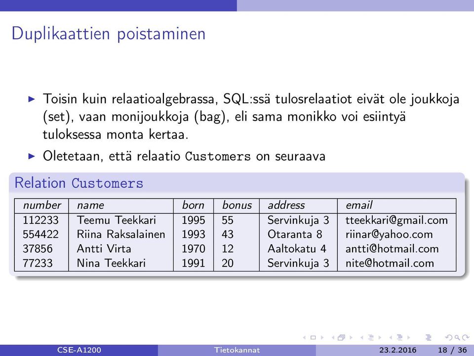 Oletetaan, että relaatio Customers on seuraava Relation Customers number name born bonus address email 112233 Teemu Teekkari 1995 55