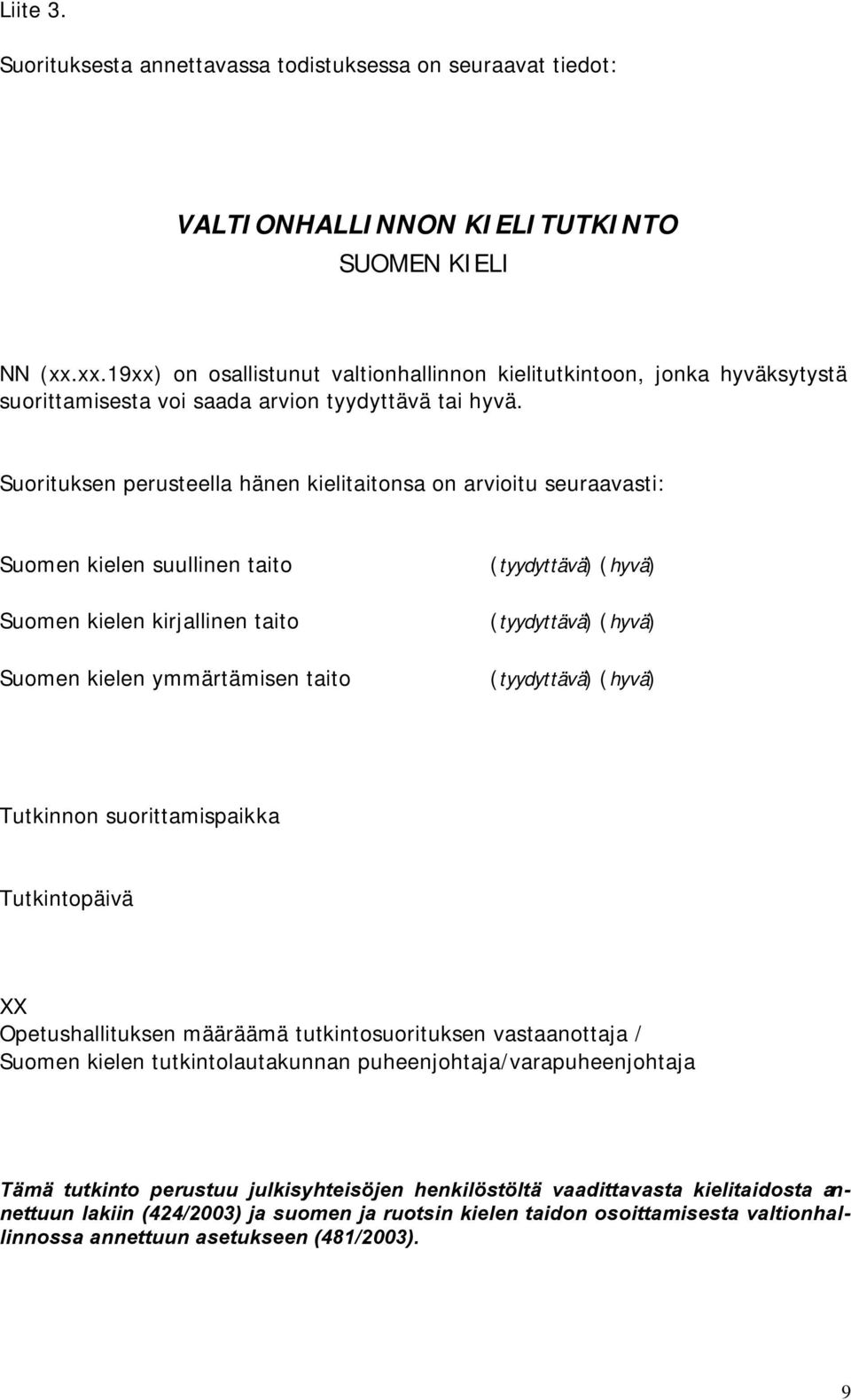 Suorituksen perusteella hänen kielitaitonsa on arvioitu seuraavasti: Suomen kielen suullinen taito Suomen kielen kirjallinen taito Suomen kielen ymmärtämisen taito (tyydyttävä) (hyvä) (tyydyttävä)