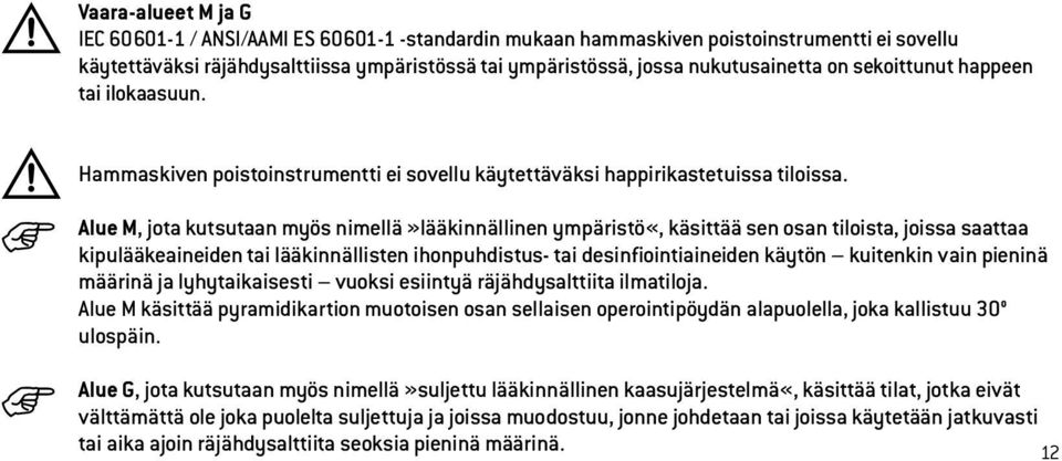 Alue M, jota kutsutaan myös nimellä»lääkinnällinen ympäristö«, käsittää sen osan tiloista, joissa saattaa kipulääkeaineiden tai lääkinnällisten ihonpuhdistus- tai desinfiointiaineiden käytön