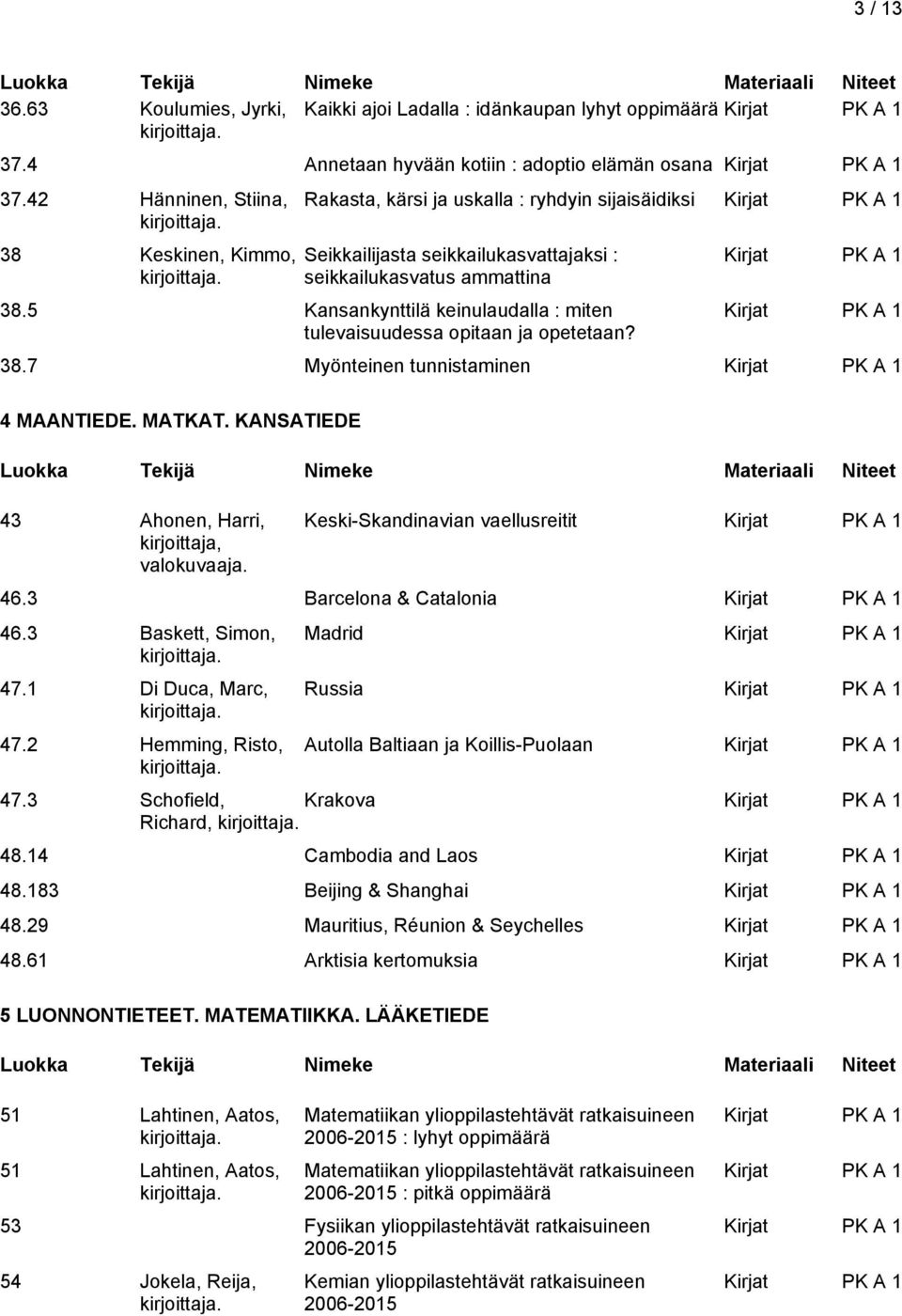 5 Kansankynttilä keinulaudalla : miten tulevaisuudessa opitaan ja opetetaan? 38.7 Myönteinen tunnistaminen 4 MAANTIEDE. MATKAT. KANSATIEDE 43 Ahonen, Harri, Keski-Skandinavian vaellusreitit 46.