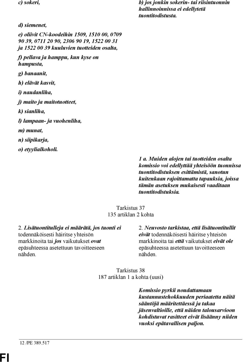 h) elävät kasvit, i) naudanliha, j) maito ja maitotuotteet, k) sianliha, l) lampaan- ja vuohenliha, m) munat, n) siipikarja, o) etyylialkoholi. Tarkistus 37 135 artiklan 2 kohta 1 a.