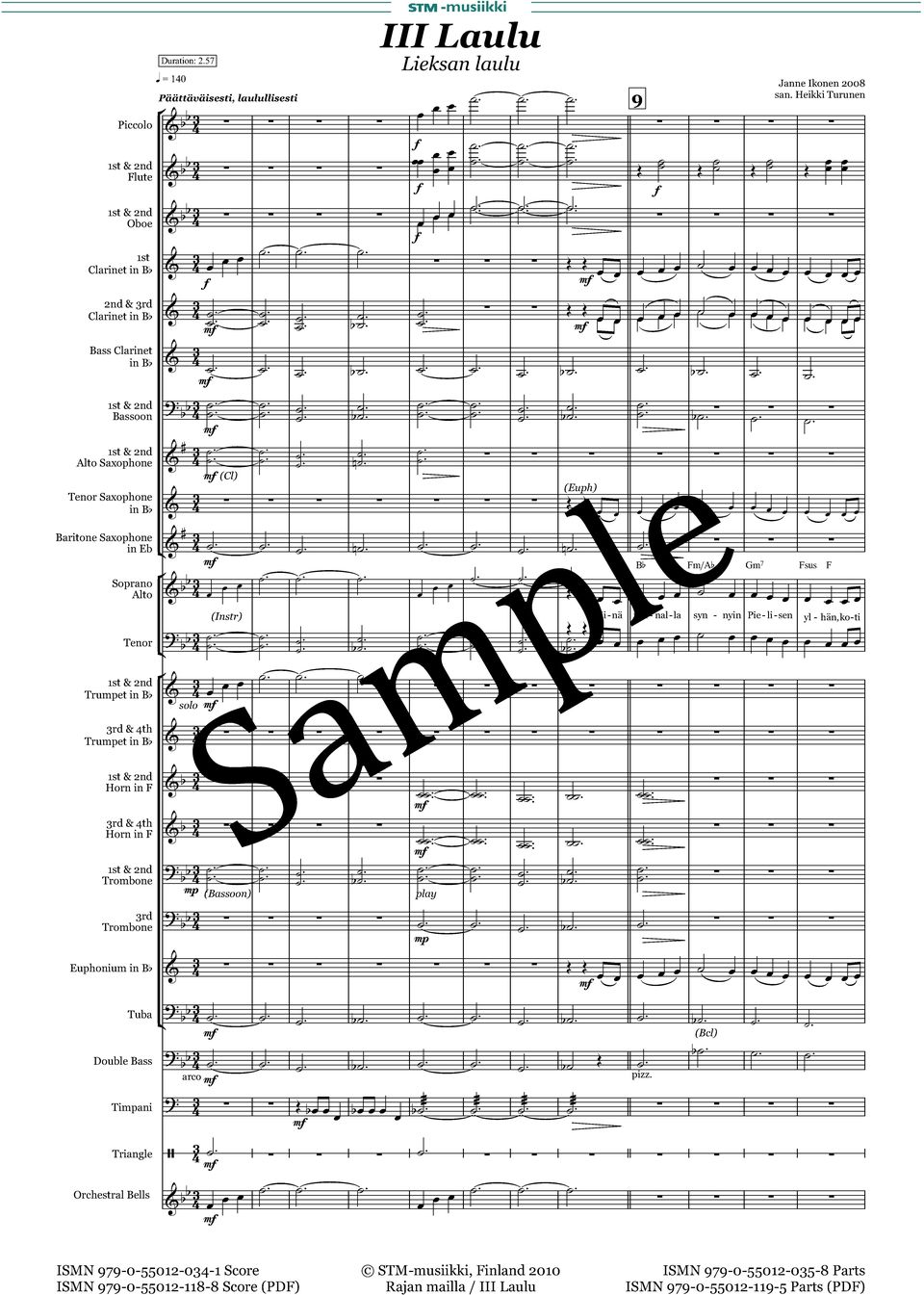 57 q = 10 Päättäväissti, laulullissti b b b b b b (Euph) E # n n b b m/a Gm7 sus E E E E E E (Instr) Mi -nä ran - nal-la syn - nyin Pi - li -sn yl - hän, ko-ti b b E E E E be E E E E b b b # E E E E