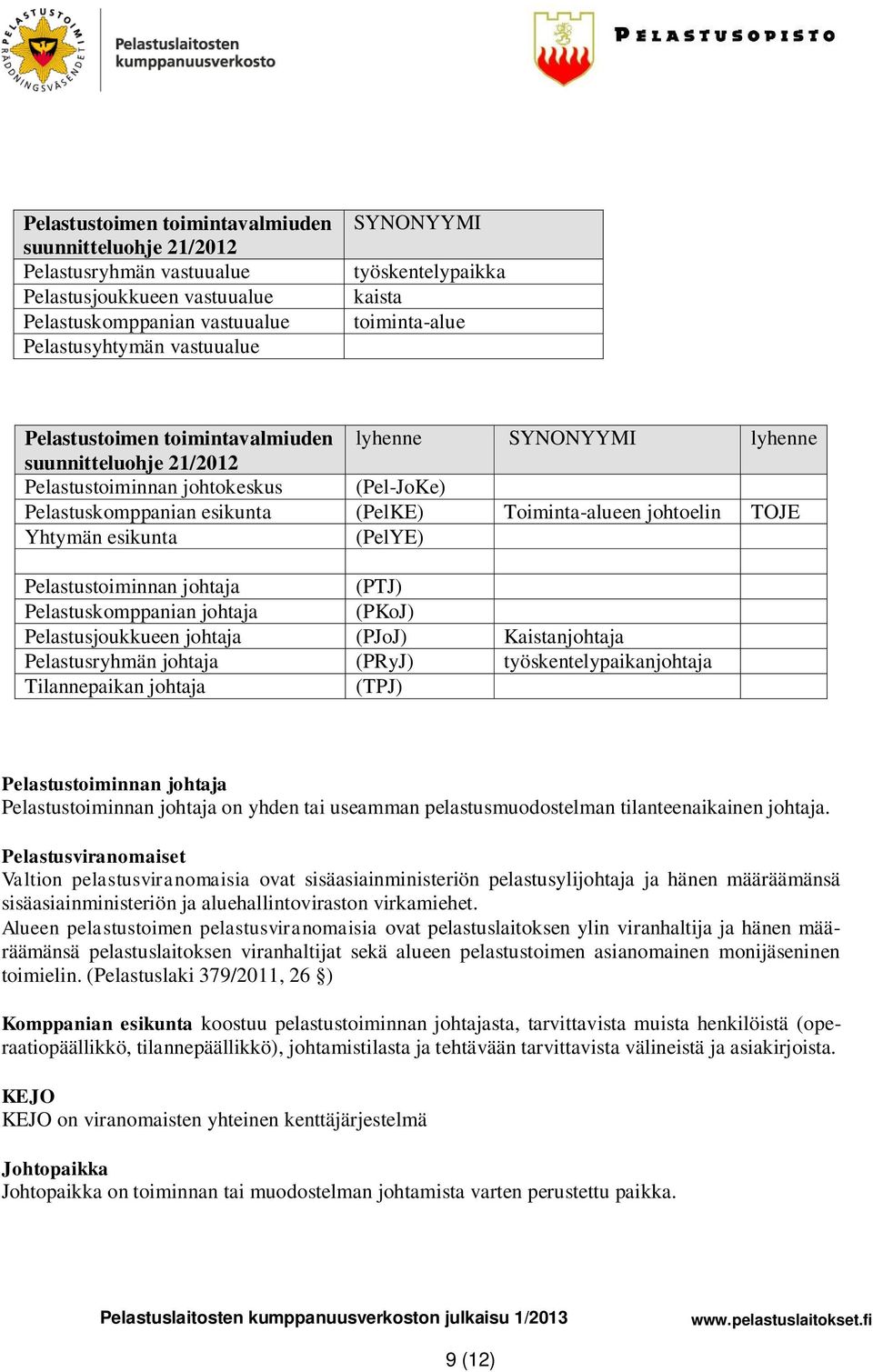 johtoelin TOJE Yhtymän esikunta (PelYE) Pelastustoiminnan johtaja (PTJ) Pelastuskomppanian johtaja (PKoJ) Pelastusjoukkueen johtaja (PJoJ) Kaistanjohtaja Pelastusryhmän johtaja (PRyJ)