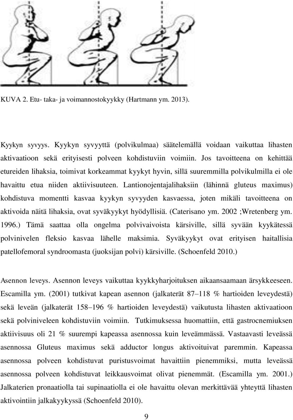 Jos tavoitteena on kehittää etureiden lihaksia, toimivat korkeammat kyykyt hyvin, sillä suuremmilla polvikulmilla ei ole havaittu etua niiden aktiivisuuteen.