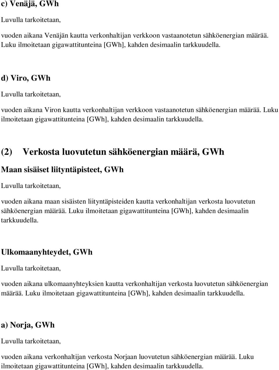 Luku ilmoitetaan gigawattitunteina [GWh], kahden desimaalin (2) Verkosta luovutetun sähköenergian määrä, GWh Maan sisäiset liityntäpisteet, GWh vuoden aikana maan sisäisten liityntäpisteiden kautta