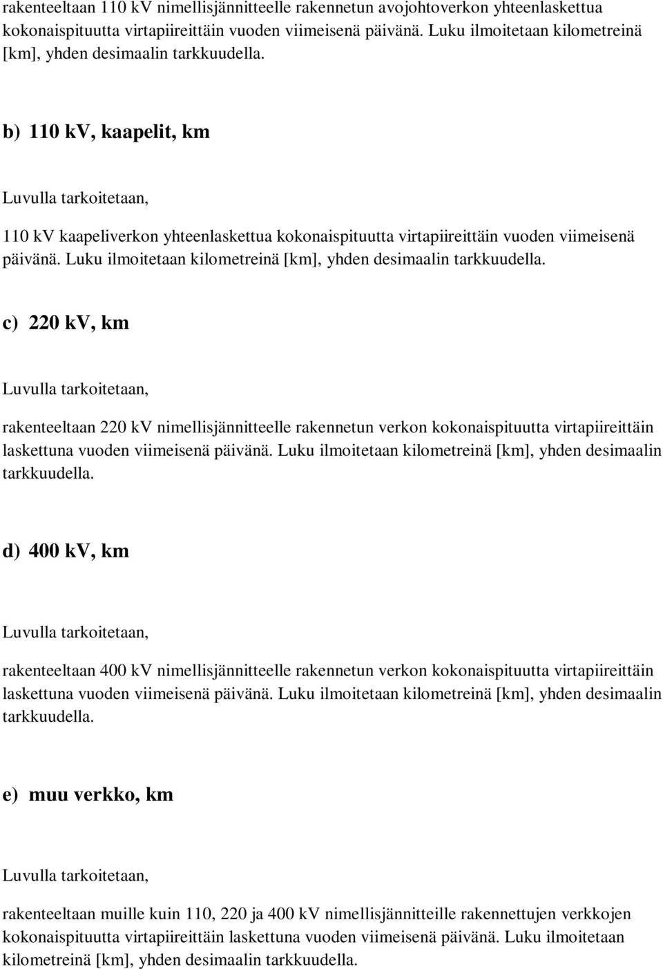 Luku ilmoitetaan kilometreinä [km], yhden desimaalin c) 220 kv, km rakenteeltaan 220 kv nimellisjännitteelle rakennetun verkon kokonaispituutta virtapiireittäin laskettuna vuoden viimeisenä päivänä.