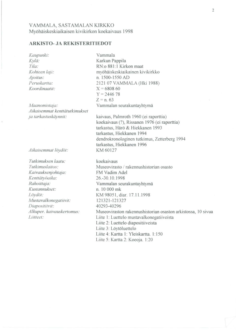 Diapositiivit: Alkuper. kaivauskertomus: Liitteet: Vammala Karkun Pappila RN:o 88: Kirkon maat myöhäiskeskiaikainen kivikirkko n. 500-550 AD 22 07 VAMMALA (Hki 988) X = 6808 60 y = 2446 78 Z = n.