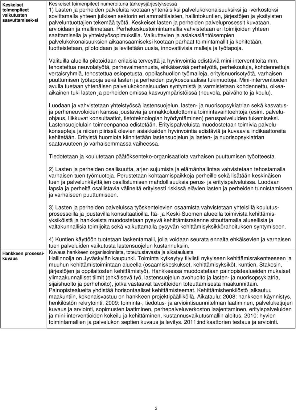 Keskeiset lasten ja perheiden palveluprosessit kuvataan, arvioidaan ja mallinnetaan. Perhekeskustoimintamallia vahvistetaan eri toimijoiden yhteen saattamisella ja yhteistyösopimuksilla.