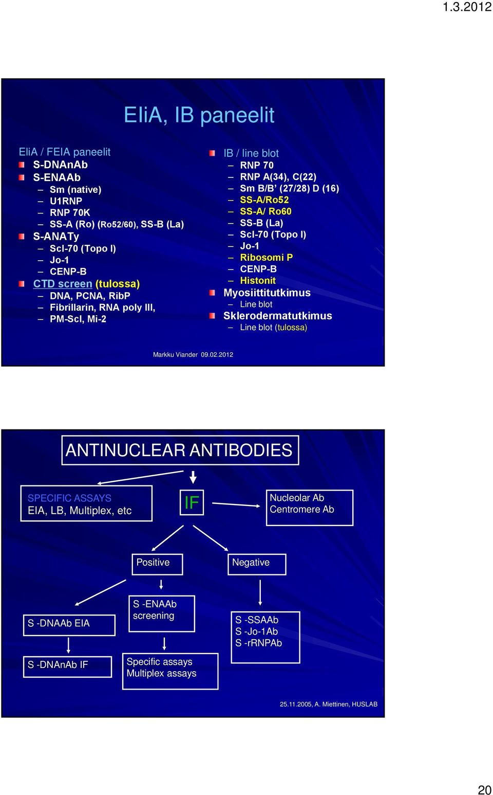 Ribosomi P CENP-B Histonit Myosiittitutkimus Line blot Sklerodermatutkimus Line blot (tulossa) ANTINUCLEAR ANTIBODIES SPECIFIC ASSAYS EIA, LB, Multiplex, etc IF Nucleolar