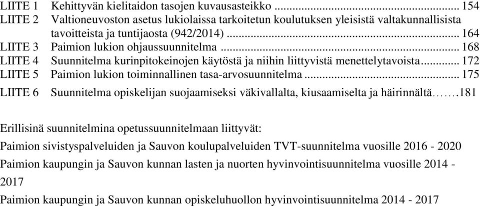 .. 172 LIITE 5 Paimion lukion toiminnallinen tasa-arvosuunnitelma... 175 LIITE 6 Suunnitelma opiskelijan suojaamiseksi väkivallalta, kiusaamiselta ja häirinnältä.